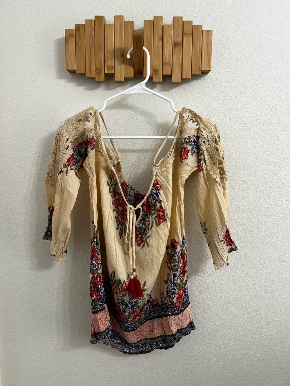 Angie Cream Boho Floral Tunic with Crochet Yoke